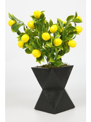 Siyah Beton Saksıda Limon Ağacı Yapay Ağaç Vazoda Yapay Bitki
