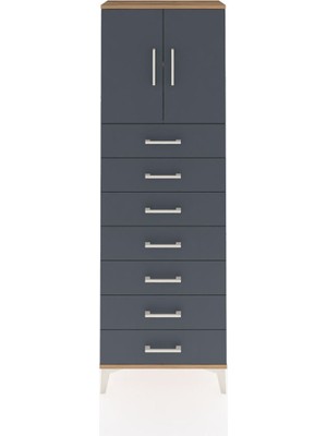 Arges Dolap 2 Raflı 7 Çekmeceli 2 Kapaklı 60X30X182 Çam-Antrasit