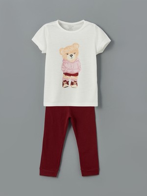 Lc Waikiki Yeni Sezon Ayı Teddy Baskılı Kız Bebek Tişört ve Tayt 2'li