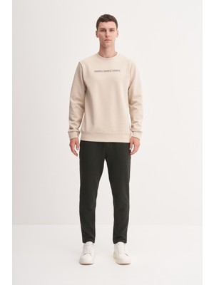 Cazador 53270 Bej Erkek Bisiklet Yaka Önü Baskılı Regular Fit Sweatshirt