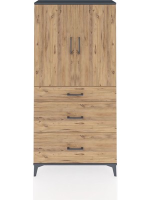 Arges Dolap 3 Raflı 3 Çekmeceli 2 Kapaklı 88X30X182 Antrasit-Çam