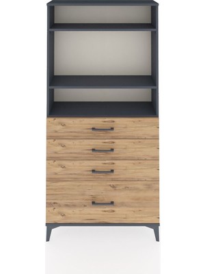 Arges Dolap 3 Raflı 4 Çekmeceli 88X30X182 Antrasit-Çam