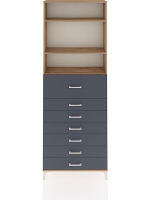 Arges Dolap 3 Raflı 7 Çekmeceli 88X30X243 Çam-Antrasit