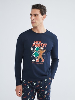 Lc Waikiki Yılbaşı Temalı Erkek Pijama Takımı Standart Kalıp Lacivert Renkli Desenli Üst ve Alt