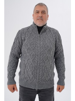 Büyük Beden Erkek Cepli Fermuarlı Yürütme Saç Örgülü Yün Hırka TRIST-2120