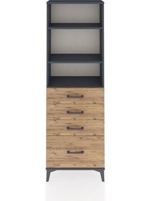 Arges Dolap 3 Raflı 4 Çekmeceli 60X30X182 Antrasit-Çam