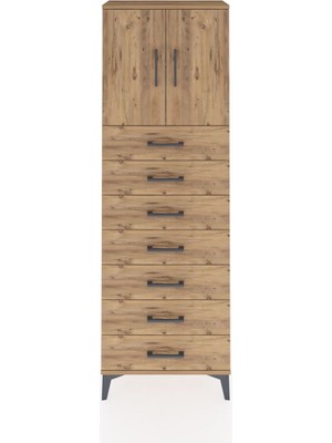 Arges Dolap 2 Raflı 7 Çekmeceli 2 Kapaklı 60X30X182 Çam-Çam