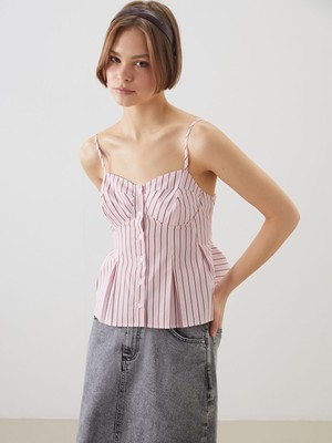 Lc Waikiki Yeni Sezon Kalp Yaka Çizgili Pileli Poplin Bluz