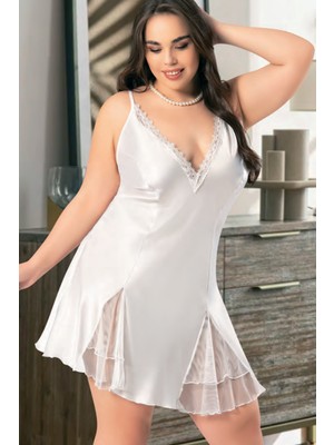 Beyaz Büyük Beden Tül Detay Saten Gecelik