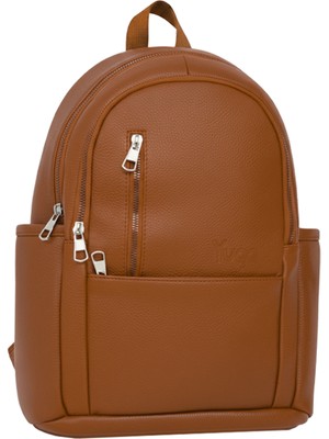 Yuga Suni Deri Dört Gözlü Sırt Çantası Taba