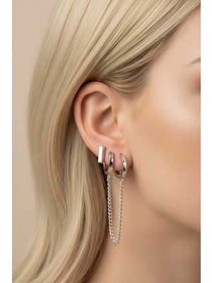 925 Ayar Gümüş Çift Kulak Deliği 2’li Zincirli Küpe | Zincirli Modern Halka Küpe | Özel Tasarım Küpe