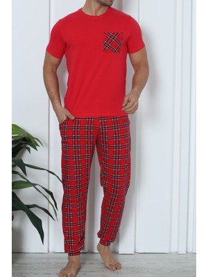 Erkek Pijama Takımı Kısa Kollu Cepli Pamuk Likralı Ekose Kırmızı