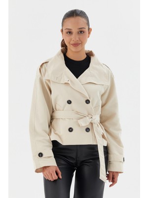 Beli Kuşaklı Crop Trençkot Ekru