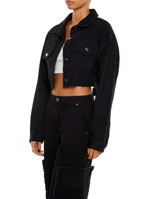 F21 Parlak Taş Detaylı Crop Denim Ceket