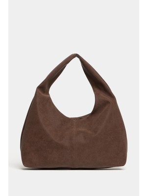 Madamra Kahverengi Süet Kadın Shopper Omuz Çantası Yumuşak Form Vintage Model Şık Görünüm
