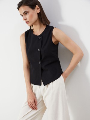 Lc Waikiki Yeni Sezon Bisiklet Yaka Keten Karışımlı Kadın Klasik Yelek