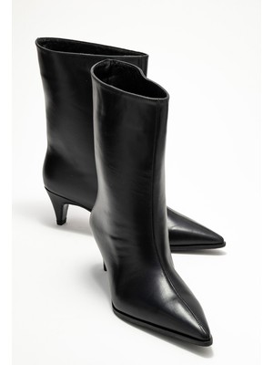 Aleo Siyah Cilt Hakiki Deri Sivri Burunlu Kadın Kısa Topuklu Bot