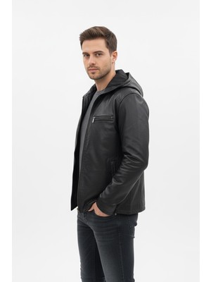 Deriderim Erkek Siyah Kapüşonlu Deri Mont Ceket Yaka ve Slim Fit Tasarım ile Şık Görünüm