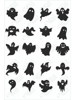 Hayaletler Stickeri 20 Adet - Duvar Sticker Siyah Renk -6X6CM- Duvar Sticker