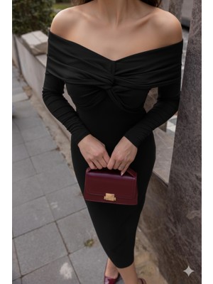 Kadın Uzun Kollu Madonna Yaka Düğüm Büzgü Detay Maxi Boy Elblbise