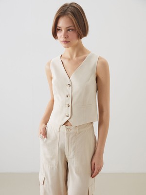 Lc Waikiki Yeni Sezon V Yaka Keten Karışımlı Kadın Klasik Yelek