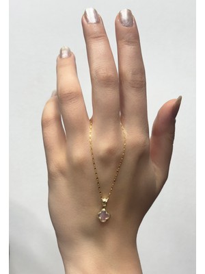 14 Ayar Altın Pembe Sedefli Taşlı Yonca Kolye