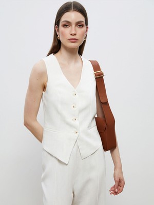 Lc Waikiki Yeni Sezon V Yaka Çizgili Keten Görünümlü Kadın Klasik Yelek