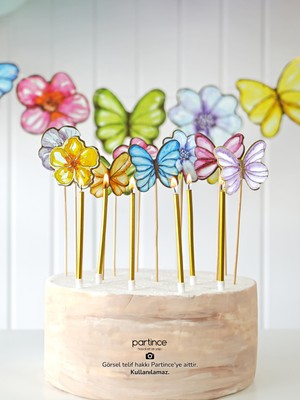 Partince 3 Parça Set Pastel Renk Kelebek Çiçek Pasta Süsü Banner ve Metalik Gold Mum Doğum Günü Parti Süsleme Seti