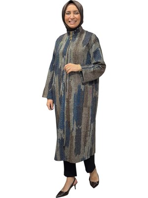 Armine Kendinden Desenli Sim Detaylı Boydan Fermuarlı Cepli Giyçık Lacivert 25KT547