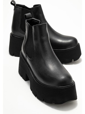 Clen Siyah Cilt Hakiki Deri Lastikli Kadın Kalın Tabanlı Bot