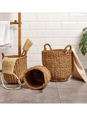 Bahçem Dekoratif Kulplu Seagrass Hasır Sepet Yuvarlak 3'lü Set