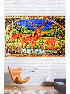 Vintage Serisi Geyik Ailesi Duvar Halısı Duvar Örtüsü Wall Tapestry