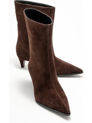 Aleo Kahverengi Süet Hakiki Deri Sivri Burunlu Kadın Kısa Topuklu Bot