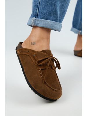 Manijero Karis Kadın Hakiki Deri Bağcıklı Sabo Taba Terlik