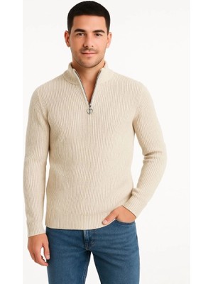 Erkek Yarım Fermuarlı Triko Kazak – Selanik Örgü, Dik Yaka, Pamuklu Dokuma, Regular Fit Uzun Kollu Kışlık Model - Bej