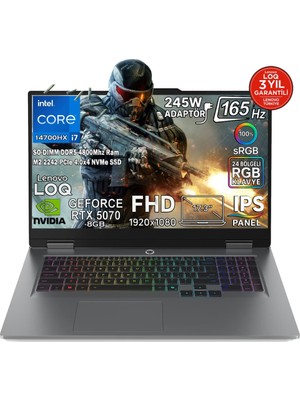 Lenovo Loq 17IRX10 Intel Core I7 14700HX 32GB 2tb SSD Rtx 5070 8gb (115W) 17,3" Fhd 165Hz IPS Panel Windows 11 Pro Taşınabilir Bilgisayar 83JH006HTR