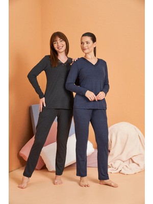Pjs 28091 Kadın Uzun Kol V Yaka Pijama Takımı