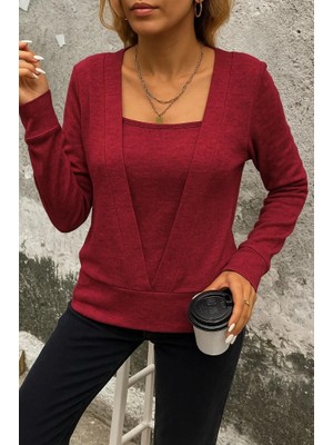 Kadın Uzun Kollu Kruvaze Yaka Kol ve Etek Ucu Manşet Detay Yumoş Bluz