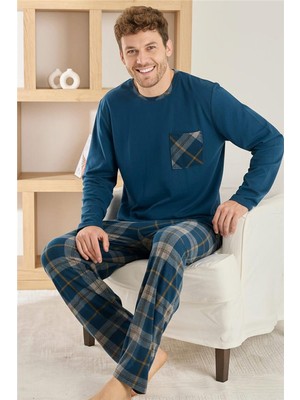 Elegant Erkek Pijama Takımı Lacivert Yeşil Ekose Desenli Uzun Kollu Düğmeli Polar