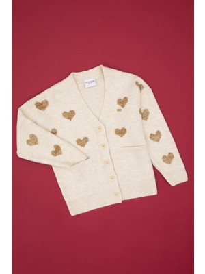 U.S. Polo Assn. Kız Çocuk Krem Simli Kalp Desenli Düğmeli V Yaka Triko Hırka 50317620-VR256