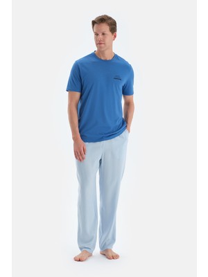 Sax Mavisi Baskı Detaylı Kısa Kollu Tişört Pantolon Pijama Takımı