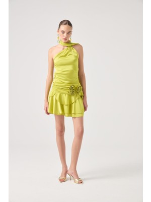 Kemerli Mini Saten Giana Elbise Yeşil