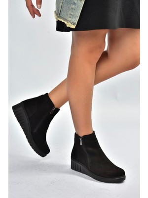 V324800402 Siyah Hakiki Deri Süet Kadın Bot