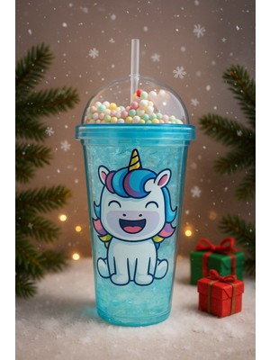 Renkli Boncuklu Unicorn Tasarımlı Pipetli Içecek Bardağı çocuklar Için Sevimli SULUK MAVI 2646