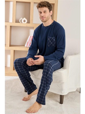 Lacivert Ekru Ekose Desenli Elegant Erkek pijama takımı