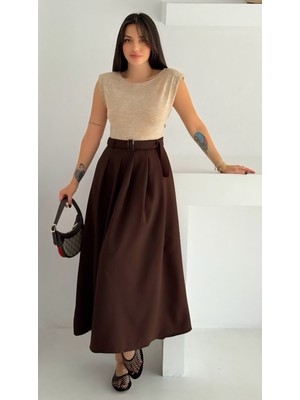 Kemerli Vatka Detaylı Düz Elbise