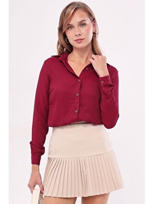 Armonika Kadın Bordo Uzun Kollu Düz Gömlek Dokuma Günlük Stil Cepsiz Regular Fit ARM-18Y001176