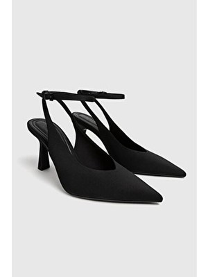 Duxal Shoes Arkası Açık Topuklu Kadın Ayakkabı Siyah Polyester Malzemeden İnce Topuklu Neolit Taban