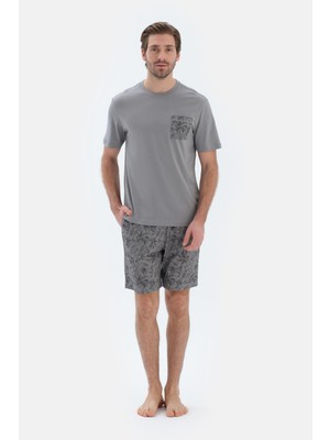 Gri Kısa Kollu Cep Detaylı Tişört Şort Pijama Takımı
