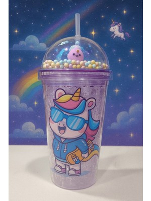 Renkli Boncuklu Unicorn Tasarımlı Pipetli Içecek Bardağı çocuklar Için Sevimli Suluk mor 2646